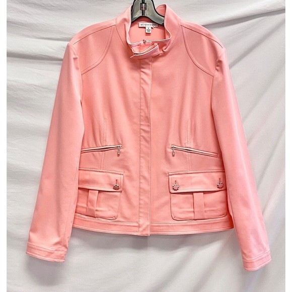 💗 ST. JOHN Sport Pink High Neck Zip Front Multi Pockets Moto Biker Jacket 16 XL
